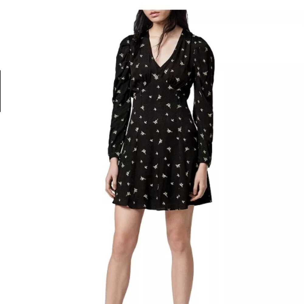 ALLSAINTS – Rosi Embroidered Floral Long Sleeve Minidress Black